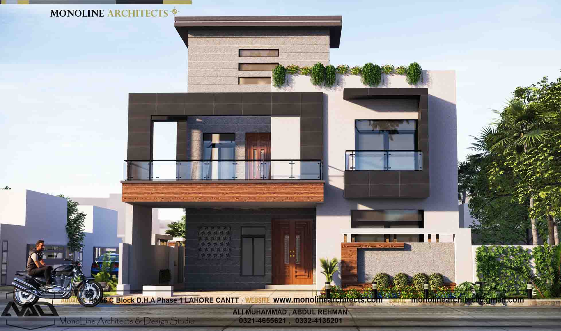 Dha Kanal house front elevation by monoline architects
